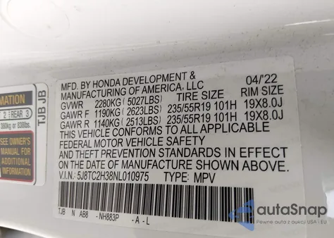 2022 Acura Rdx Standard из США, поврежденный, VIN 5J8TC2H38NL010975